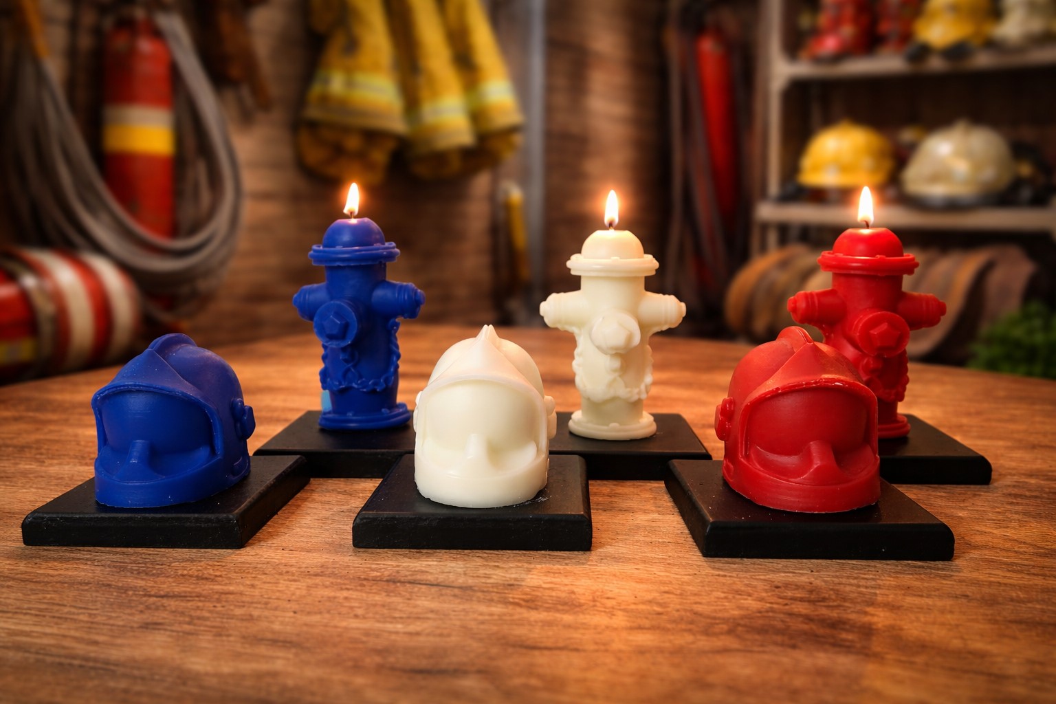 Six bougies décoratives allumées en forme de casques et de bornes d'incendie aux couleurs tricolores (bleu, blanc, rouge), disposées sur une table en bois dans un atelier de pompier.