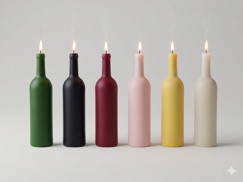 Alignement de six bougies artisanales en forme de bouteilles de Bordeaux (vert, noir, rouge, rose, jaune, blanc) sur fond neutre.