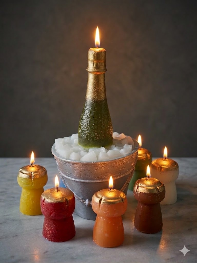 Bougies artisanales en forme de bouteille de champagne et de bouchons colorés, tous allumés et disposés sur un support en marbre avec un fond gris neutre.