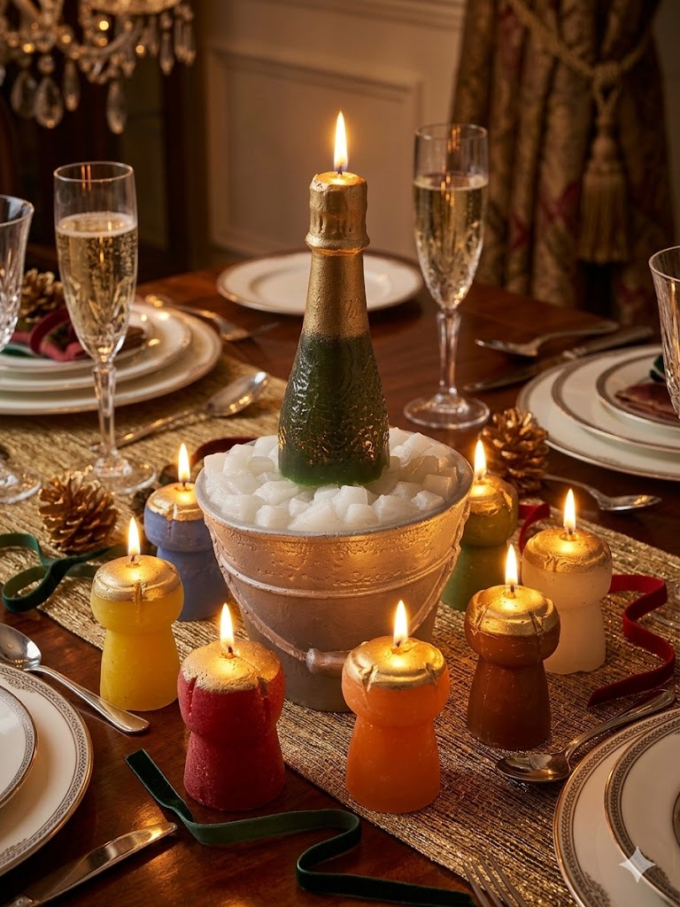 Bougie bouteille de champagne dans un seau à glace entourée de bougies en forme de bouchons colorés et allumés sur une table dressée.