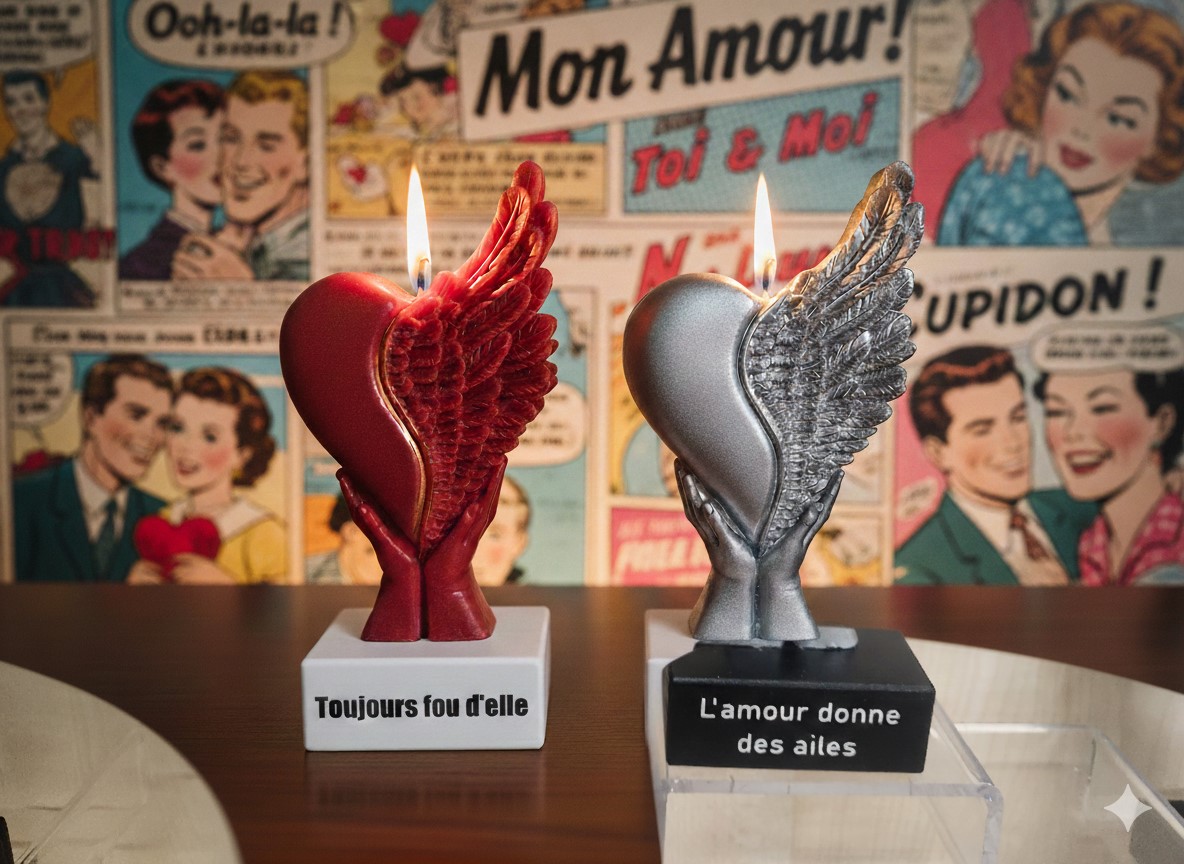 Bougies insolites avec cœurs ailés et inscriptions humoristiques Toujours fou d'elle et L'amour donne des ailes sur fond rétro