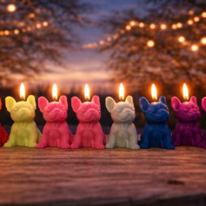 6 bougies artisanales exclusives Bouledogue Français colorées et allumées - Création La Fée des Bougies.
