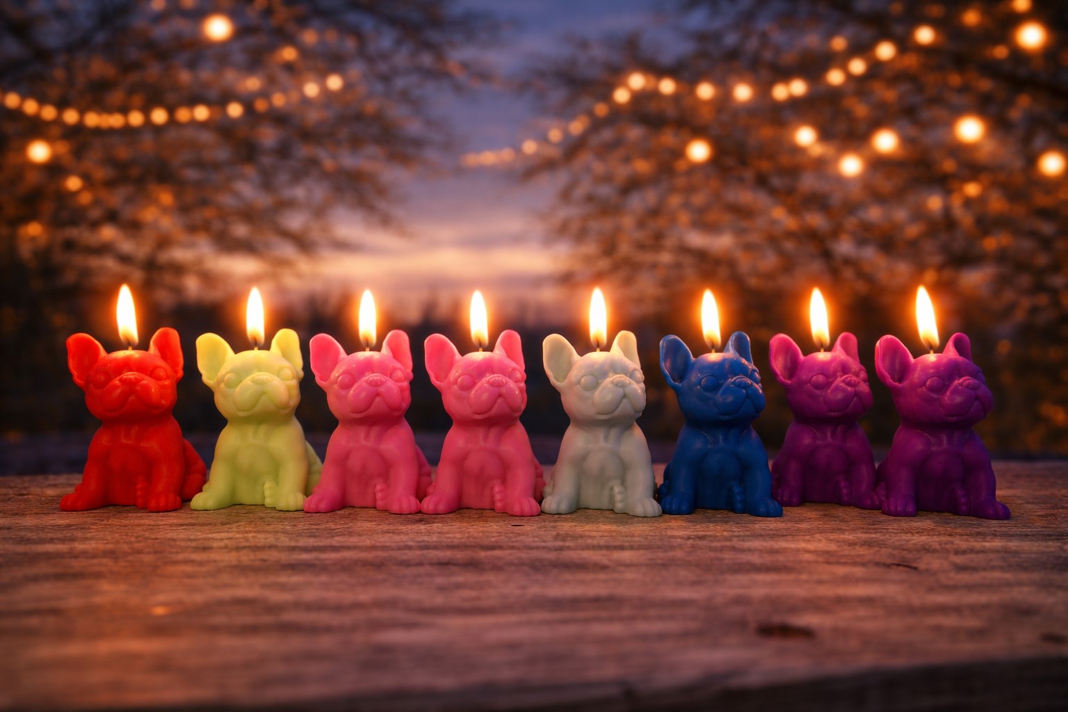 Bougies Bouledogues Français Colorées Allumées 6 bougies artisanales exclusives Bouledogue Français colorées et allumées - Création La Fée des Bougies.