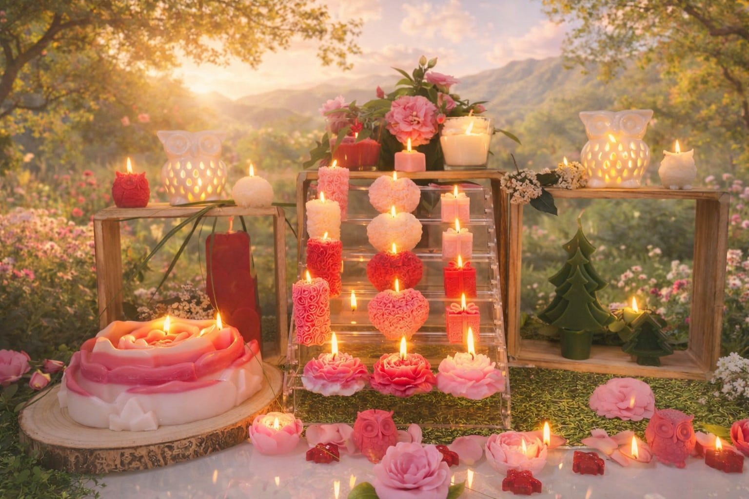 Bougies artisanales allumées dans un décor naturel fleuri et lumineux, pour une ambiance douce et apaisante.