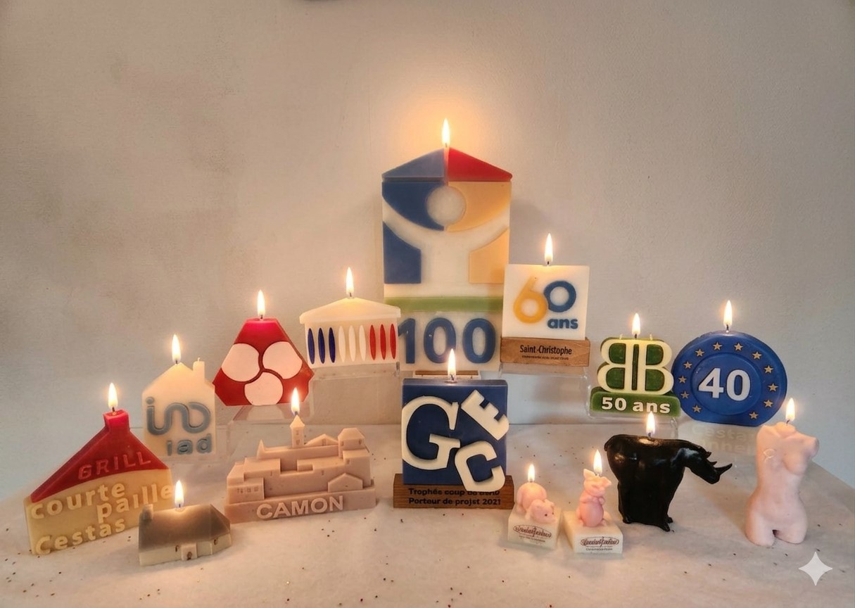 Collection de bougies personnalisées pour entreprises et logos modélisés en 3D (IAD, Crédit Mutuel, Saint-Christophe) créées par La Fée des Bougies à Cestas.