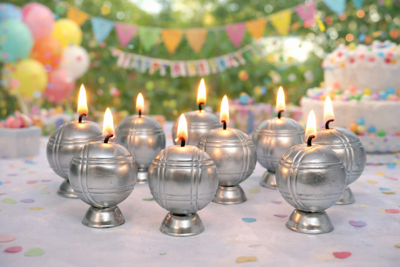 Bougies pétanque effet métal allumées sur table avec décor d’anniversaire festif