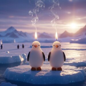Deux bougies artisanales en forme de pingouins allumées sur une banquise au soleil couchant, idéal pour boutique de zoo ou aquarium.