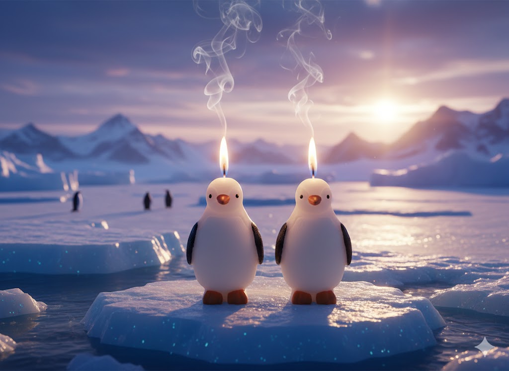 Deux bougies artisanales en forme de pingouins allumées sur une banquise au soleil couchant, idéal pour boutique de zoo ou aquarium.
