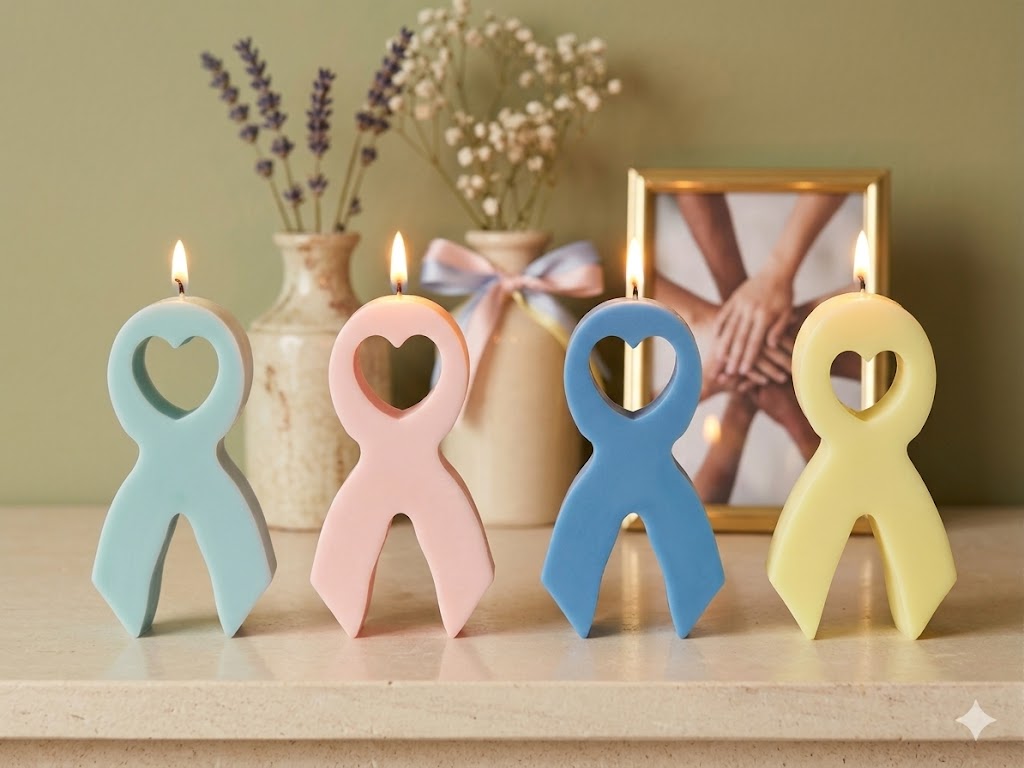 Une image présentant quatre bougies en cire, modelées en forme de rubans de sensibilisation avec des cœurs au centre. Les bougies sont de tailles et couleurs différentes (bleu clair, rose clair, bleu roi, jaune), alignées sur un fond neutre. Deux des bougies sont allumées. En arrière-plan, on aperçoit des vases avec des fleurs séchées (lavande et gypsophile) et un cadre doré contenant une photo de mains unies.