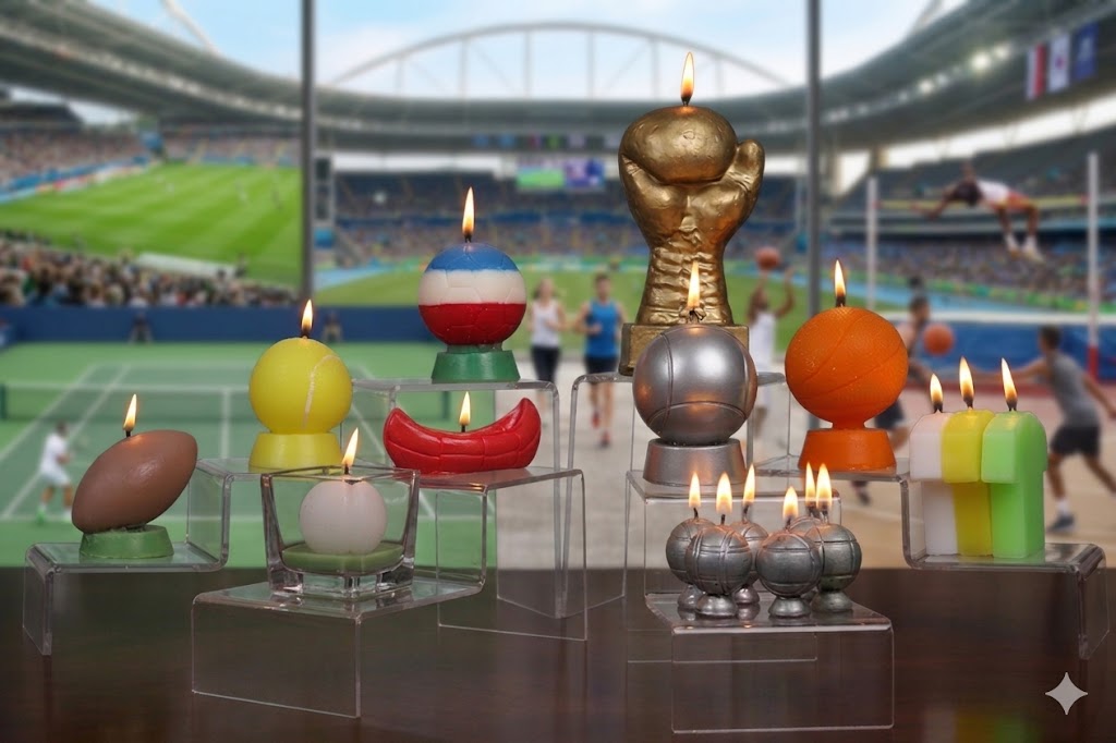 image présentant une collection de bougies en cire, modelées en forme d'équipements sportifs divers (ballon de rugby, ballon de tennis, sifflet, ballon de basket, boules de pétanque), alignées sur des supports en acrylique transparent. Certaines bougies sont allumées. En arrière-plan, on aperçoit un grand stade olympique en pleine effervescence, avec un terrain de football, une piste d'athlétisme et des athlètes en pleine action, sous un ciel bleu.