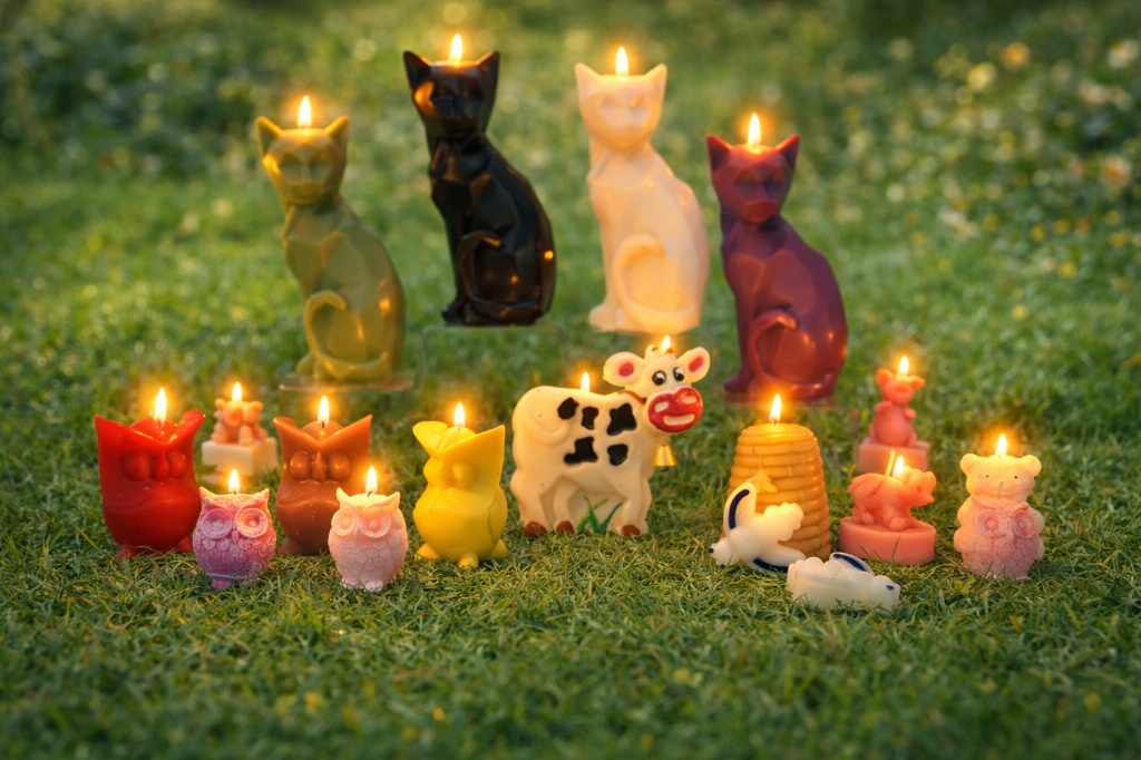 Ensemble de bougies décoratives en forme d'animaux : chats stylisés, hiboux colorés, vache et abeilles, allumées sur une pelouse