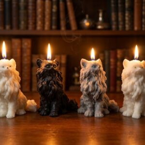 Photographie de groupe de quatre bougies chats artisanales (blanche, noire et grise) allumées sur une table en bois devant une bibliothèque ancienne. Moulage d'art détaillé signé La Fée des Bougies.