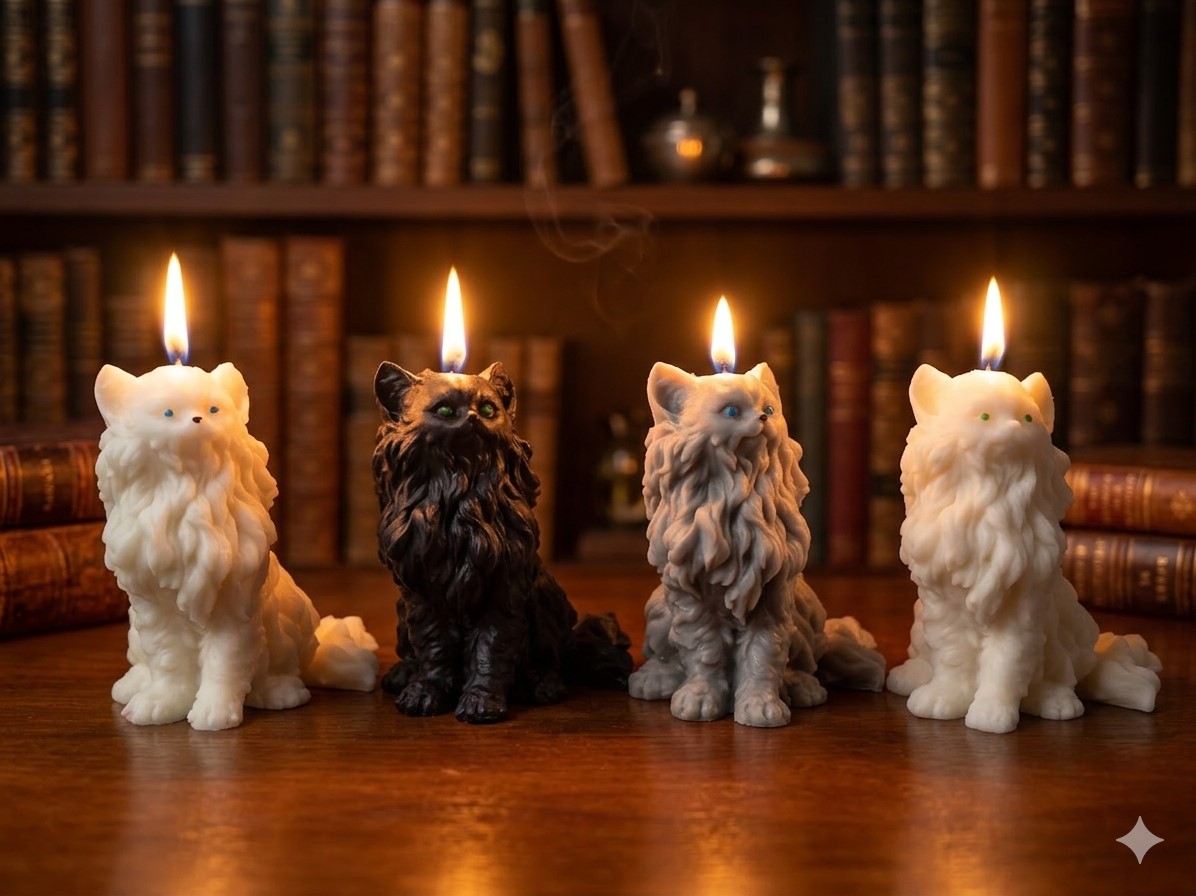 Photographie de groupe de quatre bougies chats artisanales (blanche, noire et grise) allumées sur une table en bois devant une bibliothèque ancienne. Moulage d'art détaillé signé La Fée des Bougies.