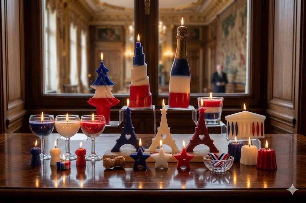 Une collection complète de bougies tricolores allumées (bleu, blanc, rouge) comprenant des bouteilles de champagne, des tours d'Eiffel et des casques, disposées sur une nappe blanche impeccable devant l'Arc de Triomphe flou.
