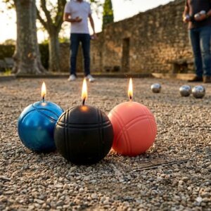 Photographie d'ambiance de trois bougies artisanales en forme de boule de pétanque (Bleu Métallisé, Noire, Rose), allumées sur un terrain de gravier au soleil couchant en Provence. Mèches enflammées, détails des stries et finitions artisanales exclusives de La Fée des Bougies.