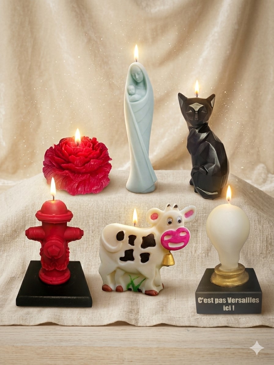 Sélection de 6 bougies figurines et artistiques créées artisanalement par La Fée des Bougies à Cestas, montrant la richesse de la collection boutique.